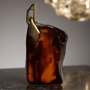 Elegant Dark Baltic Amber Pendant w/ Fossil Inclusions, Gold-Tone Bail, Rare